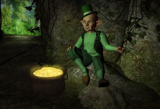 Leprechaun
Mister O' is thinking how to obtain a bigger pot for his gold... and have fun of greedy humans.

Shamus O'Shaughnessy for K4,  by Sarsa & Thorne (Daz3d)
Peter outfit, by Pixpax (RR)
Puck for M4 and H4, by Ravenhair (Daz3d) [staff only]
Chair Poses for Various Characters, by Aelin (AFZ) [reworked the poses of arms]
pot of gold, by Meshbox [I think]
Secret place background, by Justmel (on artbymel)
