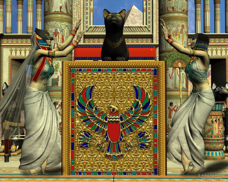 2nd Place ~ Bastet
Bastet's Divine Worshippers praying her for she doesn't turn into Sekhmet once again.
Because there is a story, telling alternatively the names of Hathor, Sekhmet and Bastet.
Once upon a time, a part of the humanity was in rebellion against Râ, the Sun-god. He decided to punish the guilties by sending his beloved daughter, Hathor, which was his "eye". She turned to love the taste of blood and was gone to kill all humans below the Sekhmet's shape. Thanks to another god, she finally drunk wine in place of blood. The following of the story differs also from a place to another, but in some versions at the end, Sekhmet calmed down and became Bastet.
In a way, the triple goddess is there also in Egypt.

********
Bast for Victoria 4, by Lady LittleFox & Syyd (Daz3d)
RDNA Egyptine Bast Statues, by Traveler (was on RDNA, now on Daz3d)
RDNA Egyptine Peacock Feather Fans, by Traveler (was on RDNA, now on Daz3d)

I made my own poses, deliberately without symmetria between the priestresses to cut with the usual egyptian representations.
Sky is one of my photos.
