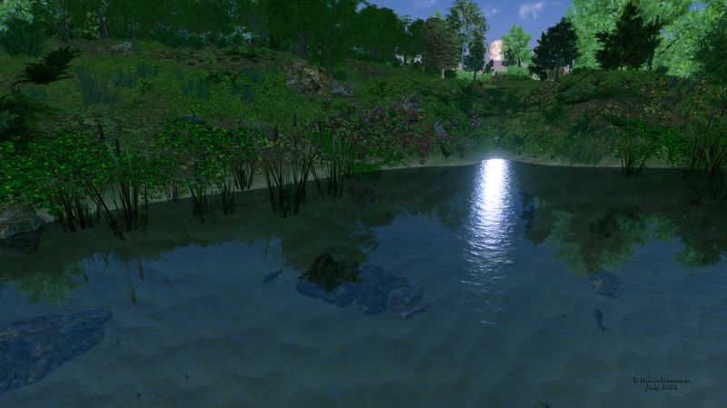 Before sunrise
I made that scene in FlowScape. Even if I had a little issue with a rock I badly placed and I needed of PD Artist to cover that.
Unfortunately, most of the fish I put, and all the birds and dragonflies fled the scene before the render.
