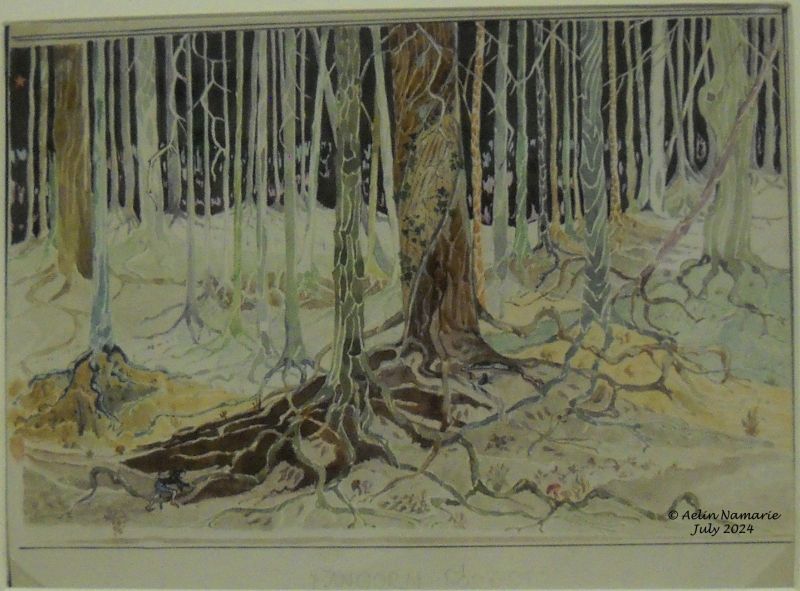 Beleg finds Flinding in Taur-nu-Fuin (2)
Tolkien's drawing is less colored than the tapestry. In a way, the tapestry is in the same idea than what did Peter Jackson in "The Hobbit" for Mirkwood - psychedelic trees.
The red star is Carnil. It's a star made by the goddess Elbereth (one of the names for Manwe's wife) to defy Morgoth. She is the more loved by the Elves, because they are born under the stars and it was the first light they knew.
