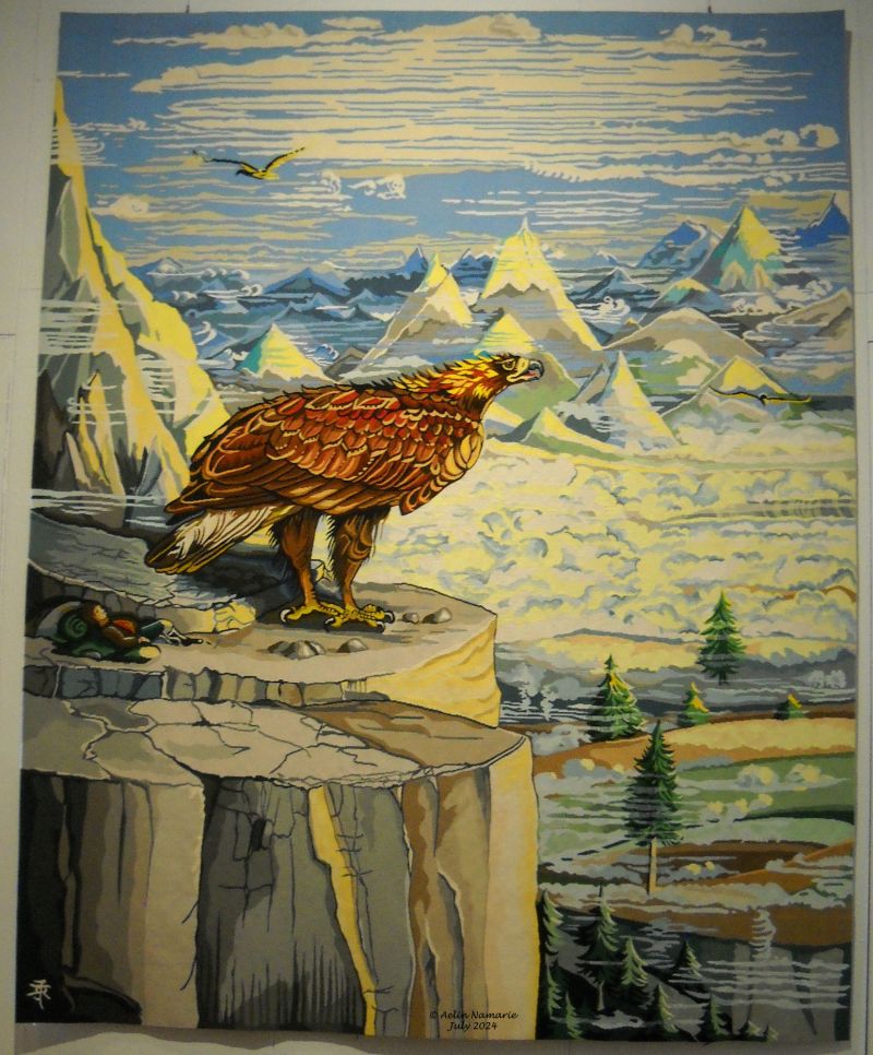 Bilbo woke up...
And I don't remember the full name of this tapestry lolllll
That one stayed several years in the museum itself, it was one masterpiece the visitors loved to see.
For those knowing The Hobbit story, it's the morning after Bilbo, the Dwarves and Gandalf were saved by the Eagles.
So like for the First Age, eagles of the Third Age are active to help against the ennemy.
Because of the clouds and the fog, that tapestry needed a lot of the "battage" technique (the mix of 2 colors to give the feeling of a gradient way).
Note it's the only time we see a Hobbit. Nothing from Hobbits is shown in the hanging wall otherwise. But who knows? The Hobbits don't like machines more complicated than a loom; maybe are they the makers of the whole hanging wall? ;)
