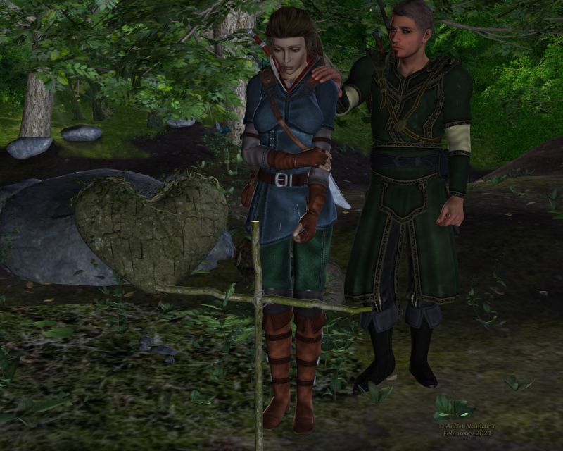 Broken heart
When a very good friend between Rangers fell in battle.

********
Art Kenna, by ARTCollab (Daz3d)
Fantasy Ranger, on Xurge3D
Feather Hair, by goldtassel (Daz3d)
RS_Jake for M4, by Sidherose (FRM exclusively)
Warlock for M4, on Xurge3D
Fantasy Ranger for M4, on Xurge3D [swords and scabbards]
RDNA Humming Bird, by Judith & Traveler (Daz3d)
Broken heart, by AnimaGemini (FRM exclusively)
Forest cross [modeled by me], and my own poses for V4 and M4
Rock in Forest, by Andrey Pestryakov (Daz3d)
Forest River Backgrounds, by Aelin Namarie (FRM exclusively; should be sooner back)
