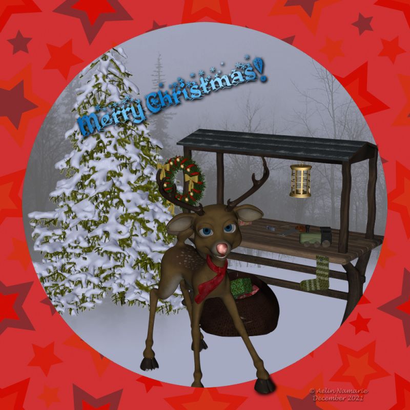 Christmas card
One day, like his Dad, he will fly for Santa Claus!

********
Leon the Toon Deer, by The3dZone [available by web archive]
Santa Bench, by Blue Tree Studio
Christmas tree, by Flink [was a Renderosity Christmas Freebie
