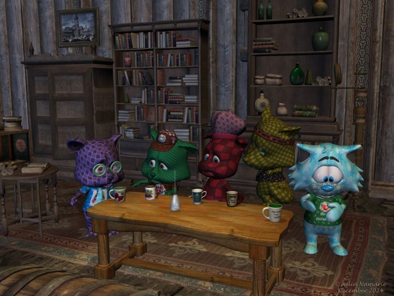 Christmas surprise
If there is something Piglet never does wrong, it's beverages. Who dared to play with his new one?
For now, his Christmas idea to share with his Runtime Town friends seems to be compromised.

You can see here my Christmas textures for them (skins and few of the clothes and accessories), made especially for our Christmas 2024 page.
They are also using poses I shared (December 2nd) also on the Christmas page.

Previous scene: https://www.thefantasiesattic.net/attic/cpg/displayimage.php?pid=45613

********
Pocket Pets bundle, by 3Duniverse (Daz3d)
Pocket Pets Kitty, by 3Duniverse [was on their site]
Conforming Shirt for 3DU's Toon Kitty, by Little_Dragon (RR)
Potion table, by MortemVetus (on their site)
Photomug, by Redeyecat
Mug, by FaeMoon
Mug, by Skip1871 (Sharecg)
Fantasy bottle, by Jean-Luc_Ajrarn [Sponsor Showcase]
Little Retreat, by Summoner (Freedom of Art)
