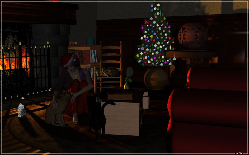 Christmas time
I forget to post here too my other picture of presentation, for "V4 and cat poses"; in our "Merry little Christmas 2014".
For Poser and Daz users (because poses are in pz2).

Little cat is a tube by Jade Eden (on CP)
Armchair in “Natal Props” pack, by MarciaGomes (on Attic Free Zone)
Jingle Bells hair, by outoftouch
Living room environment, on Daz
