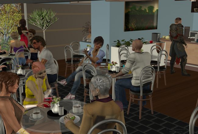 April COTM 2019 (end)
Few days ago, I said in Coffee Shop I had to show you a scene with many characters. Here it is!
It was prepared in March to close the April COTM, but I didn't wanted to show it to avoid to influence in a way or another participants. One reason for why I try to do "neutral" scenes to present challenges at the beginning of months I judge.

Had to use here 6 different renders to mix all groups correctly. Mix was made in Photoshop, erasing parts of layers.
Thank you to each participant to the April COTM!

*******
Little Cafe, by Truform [was free for Christmas 2015 at Renderosity]
Charming Tea set, by FuzzyLogic Creations (FRM exclusively)
Absinthe Veritae Set, by  Dragon Rose Studios (FRM exclusively)
Magic Mystra, by Aelin (FRM exclusively)
ML_Saskia V4, by Mirella (FRM)
KittyCat for V4/A4/M4/H4, by Prae (FRM)
Magno Hair V4-M4-H4-A4-Pauline-Paul, by Prae (FRM)
Bora outfit V4-A4, by Prae (FRM)
Wonderland White Rabbit Unimesh Fits, by Bobbie25 (Daz3)
Rattlesnake Jake for M4, by Sidhe Rose Graphics (FRM exclusively)
Nicole, by Manic3d (FRM)
Isabelle V4, by Manic3d (FRM)
Marvlynn V4 A4 G4, by shadow_dancer (FRM exclusively)
PlayFull V4-A4-V4 Elite, by Ramhernan [sponsoring]
Blossom V4, by Art by Athene (FRM exclusively)
Phil M4/Freak4, by Manic3d (FRM)
Paladin Armor for M4, on Xurge3D
