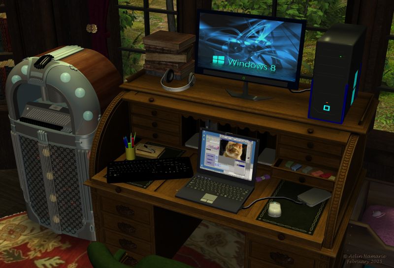 A dreamed deskroom~TOTW 3/1/25
~TOTW Week of 3/1/25~
I feel like if that kind of desk is more useful than plenty of the current desks for the computers and all we have for them. In addition, it's cat proof when you close it!

I modeled the simpliest of the external hard drives and put it 3 times in the scene. The size of the hole is maybe not accurate with a real one.
Cables were added in Photoshop.

********
Laptop, by Zippo
headphones, by TruForm
Flash drive, by apcgraficos (RR)
Low external hard-drive, by Dennish2010 (Sharecg)
Victorian Secretaire, by Merlin Studios (Daz3d)
Vintage Jukebox, by David Brinnen & ForbiddenWhispers (Daz3)
Cat double bed, by mininessie (Hivewire)
Gothic Room, by RPublishing & GrayCloudDesign (RMP)
Modular 3D Kits: Ancient Forest Path, by ShaaraMuse3D (RMP)
Keywords: TOTW