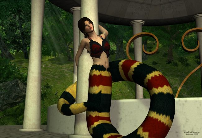 Echidna
Echidna is waiting here for her next lover... Heracles.
She was a cousin from Olympian gods, and also from the same branch of family than Medusa.

I said last year I wanted to do more myths from Greece, but finally didn't take that way. So this year again I'll try.

*******
Creatura Serpenta for Victoria 4, by MAB & WillDupre (Daz3d)
Bridgette Hair, by Anna Benjamin & Lady Littlefox & Syyd (Daz3d)
Heart Temple, by Aelin (FRM exclusively)
Forest River Backgrounds, by Aelin (FRM exclusively)
