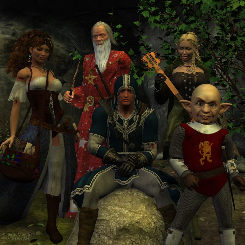 The end of the adventure
Wyley and his teammates will take a bit of time before to continue their journey toward the town where they met. Indeed, they have no doubt their ennemies will search for them on the most obvious road.
During their travel, they met an unexpected ally, who had a vengeance to take against Alanor of Gusu. She was very useful when it appeared that the ranger Eged, who was late at the tavern the night Wyley has known his teammates, had betrayed them since the beginning.
Despite that trahison and other obstacles on their way, the tome of Aether spells is in their hands and peace will stand a little longer in the lands around.

********
Eavan V4, by Liquid Rust (Daz3d)
Star enchantress outfit for V4, by RPublishing & Propschick (RMP)
Duchesse Hair, by SWAM & goldtassel (Daz3d)
The Mage, by Ravenhair (Daz3d)
Rattlesnake Jake for M4, by Sidhe Rose Graphics (FRM exclusively)
Warlock for M4, on Xurge3D
Fantasy Girls: Lorelei, by Kaleya (RMP)
The Songstress, by Anna Benjamin & Barbara & Brundon & Sarsa (Daz3d)
Kids 4 Armor, by Predatron (Daz3)
