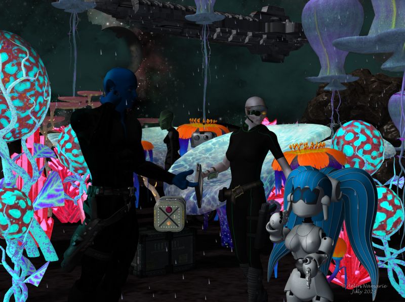 Exploration
"Rain is here and will become too strong for our searches. Beam us up quickly on board, Tcysto!"
"Copy that, boss."
Exploration of that new world will take time, specially like the composition of the rain isn't friendly with all skins. Even droids aren't safe.

********
Barracuda, by Porsimo (Sharecg)
Containers, by 3-D-C (RR)
Azusa 2112 Head Visor, by orion1167 and xv3d (was RR newsletter june 2007)
Alien Dudette, by Simon-3D (RR)
Cute Drossel, by FoRender (Sharecg)
Space Stones, by petipet (Daz3d)
Alien plants, by petipet (Daz3d)
Independence Cargo Ship, by Herminio (RR)
Stone Arch, by laticis [no longer available]
Systeme Solaire, by Anima Gemini (FRM exclusively)
ALXN Outta Space, by Alexaana (RMP) 
