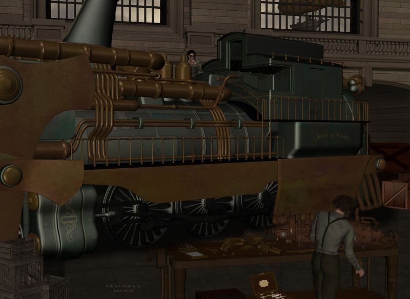Fixing
The latest model of locomotive isn't the most reliable to travel

********
Digital Curlz Hairstyle, by Neftis3d (Daz3d)
Working Man for M4, by Ravenhair (Daz3d)
SP tools, by Cybertenko (RR)
Steampunk Tools and Machinery, by Nightshift3D (Daz3d)
Spirit of Punk, by Ravnheart (Daz3d)
Central Station, by RHS (Daz3d)
Invader II, by Gendragon [was on RR]
