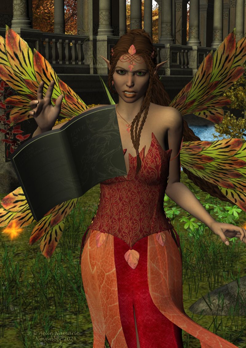 Flying book
"Get out of my way!" said that Autumn fairy, seeing an intruder in her favorite spot and throwing at his face a book.

********
Elven Seasons for Elfin, by Aelin (FRM exclusively)
Mishka Hair V4, by Lady Littlefox & Syyd (Daz3d)
Fantasy Girls: Lorelei, by Kaleya (RMP)
Flinks Instant Meadow 2, by Flink (RMP)
Trees, by dreampaint [no longer available]
Bay Bridge, by Black-eye (Daz3d)
