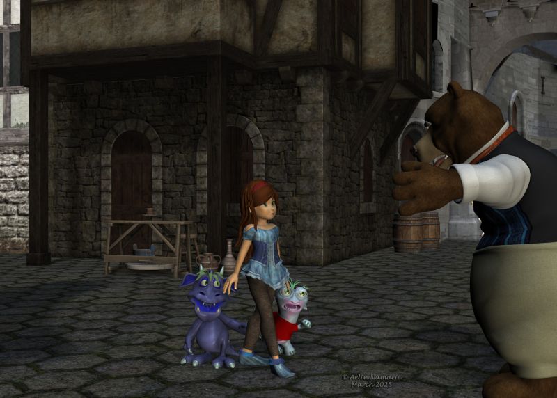 Groar
Since she knows Daddy Bear, it's the first time Sadie sees him in bad mood. She is more surprised than afraid.

********
Sadie Fae, by DragonFly (RMP)
SadieBug, by DivabugDesigns (RR)
Monsters In My Cupboard, by 3DUniverse (Daz3d)
Gruggle Monk, by 3duniverse [no longer available] (with my own skin textures]
Potters Workshop, by Merlin Studios (Daz3d)
Tudor House (Poser & OBJ), by RPublishing & DM (RMP)
