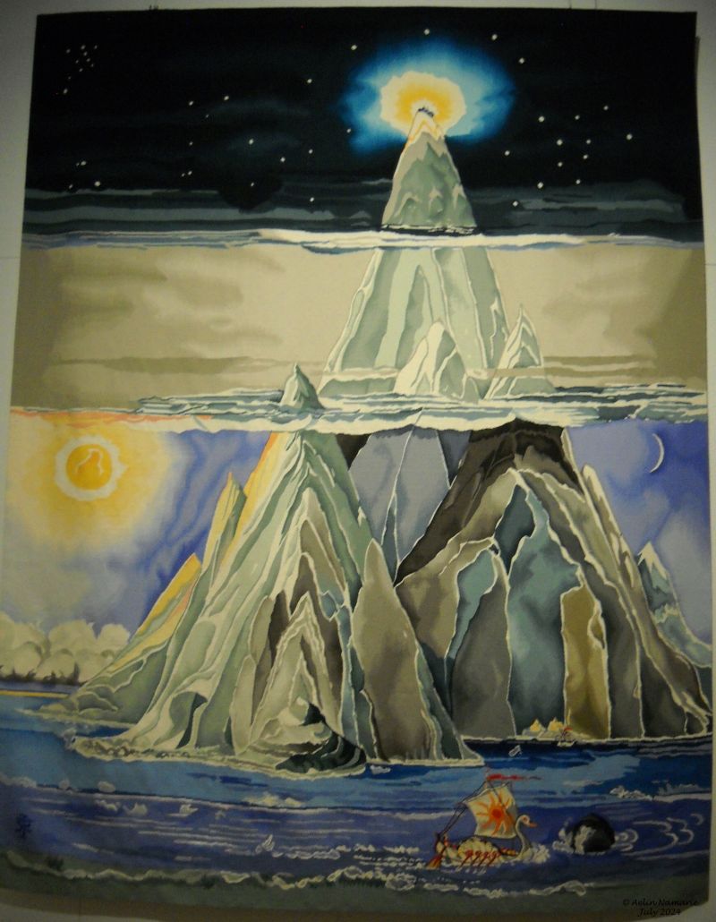 Hall of Manwe
I'm now trying to go in order of Middle Earth history - Bilbo on the barrels was my exception like it was the first tapestry of the hanging wall.

For those not knowing The Silmarillion, it's the story of the Middle Earth starting with the creation of the world, and ending with the Second Age.
We see the making of the planet by the "gods", their leader being Manwe, lord of the winds and friends of animals. Eagles are his messengers.
All the long of the time before the First Age, then during the First Age, the main ennemy of the gods is Morgoth (Sauron is his main second hand). Like the others, he is a spirit made by the Creator; but his goal is to dominate everything.
The Silmarillion brings us also through the birth of the Elves, the humans and even the Dwarves.
The "Hall of Manwë" can be seen like the beginning of the First Age. Indeed, that Age started with the creation of the Moon then the Sun, to enlight the Middle Earth and go against Morgoth who hates light like he can't possess it all alone. He passed that 'way' to his creatures, the Orcs.
The ships are those from Teleri, Elves loving the sea. Unfortunately, the sailing Elves on the ships are probably Elves from another branch and they took the ships by force to join Middle Earth and fight against Morgoth.
