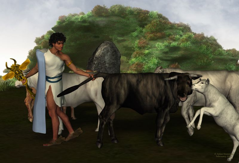 Hermes
Like in his childhood, Hermes loves to do tricks. But this time, cows and bulls walk in all directions, no matter they agree or not.

Remember: Hermes is the god of tradespeople, but also from thieves.

********
Rattlesnake Jake for M4, by Sidhe Rose Graphics (FRM exclusively)
Bovine Bonanza, by Lyne (on her site)
Cave Tunic, by Chris Cox
Mel's Fantasy Rock backgrounds, by JustMel (on her site)
