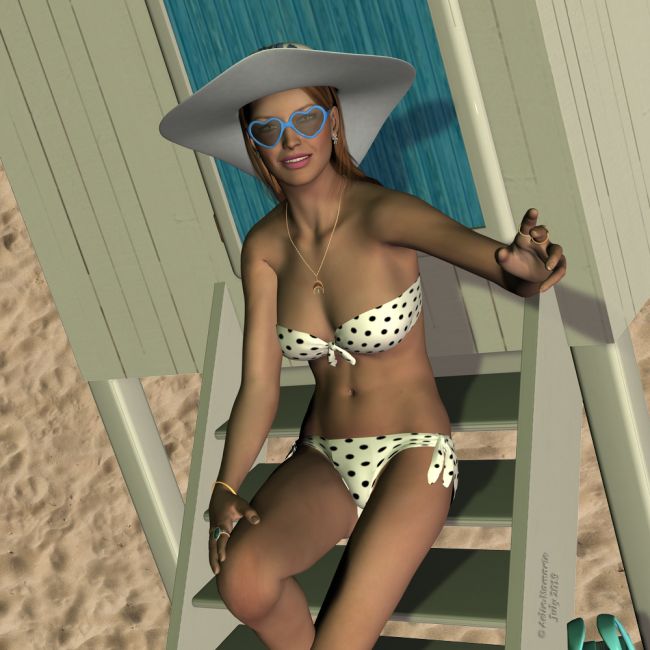 Hi from beach
Probably the last image I'll do this month, between hot weather, and I'll have a second part of month most of time outside of web.

*******
Beach cabin, in a recent Rendo newsletter
earrings, by elleque (on her site)
Moon necklace, by Arki (Daz3d)
rings, by Inception 8 (Daz3d)
hat, maybe by StudioArtVartanian (Rendo)
Retro bikini, freebie from LMDesign (and I think sunglasses too)
