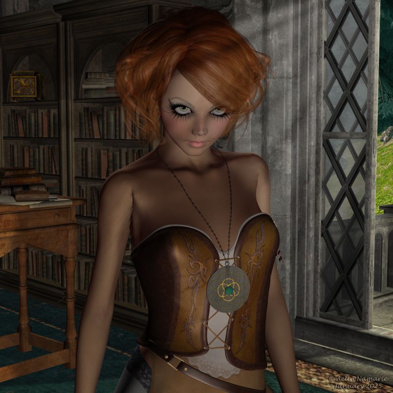 The talisman
The Talisman of Influence is hers, and she has no envy to let it go.

I made myself the object; the chain is from something already existant.

********
Dolly Dearest, by Tempesta3d (RMP)
SpellSinger, by Kaleya (RMP)
Paxton Hair, by AprilYSH (Daz3d)
Medieval Fantasy Furniture, by Ravyn  [no longer available; was on CP]
House of Owls, by Summoner (freedom-of-art)
The Hill Backgrounds, by Aelin (FRM exclusively)
