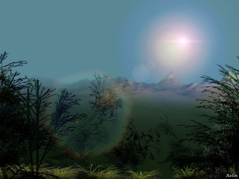 In the moutain
Landscape creates only with Howler 9.2, from a tutorial on youtube. Tutorial is for the 9.5 or 9.6 version, but it's not impossible with others. Just you must know how creates a place with colors for the baskground".
