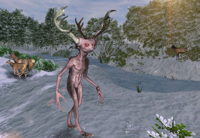 Joker spirit of Winter
Living in the woods, full of powers during Winter time, here is Corongil.
Master of the matter, especially snow and icicles, he prefers to use his powers to play jokes to other beings - especially humans.
Who is he really? Nobody knows for sure. Some will tell he is what it stays of lost tree creatures. Some that he is from an ancient god-people, changed with time and the last one of his kind. Others, that he is a living tree.
Even animals don't know, because he wishes to stay alone, and they are fine with that. They fear if they ask too much, he is annoyed and leave somewhere else. For now, his tricks protect them from humans during the hardest time of the year, it's all that count finally.

********
Xeeder, by Dinoraul (RMP)
Elk family, by Lynes [no longer available]
Forest background, by Aelin (FRM exclusively) [made in Flowscape]
