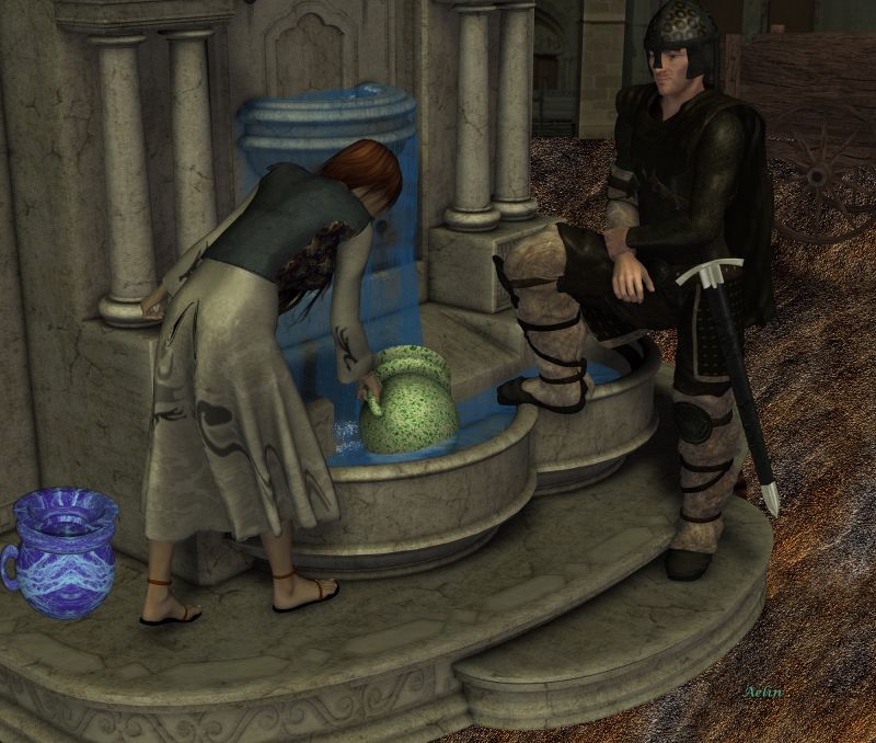 At the fountain
When i start this scene, i want use for contest of Month, on the "envy" theme. But i had problems to create water correctly, and ground too.
I profit of these 'problems' to use finally my vases and rework on. Now, you find them on the "Attic Free Zone" if you haven't see the topic lollllll

*******
Marble vases, by me (in Attic Free Zone)
Ragnarok for M4, by Mortem Vetus (on Runtimedna)
Sword, by Porsimo (on Renderosity)
Irish maiden dress, by Vintorix (seems no longer available)
Fountain found on Daz site by the past
