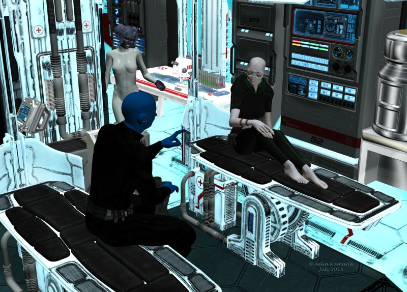 Medic area
The doc is upset because the commander of the ship never listen to her when he is in the infirmery. Fortunately, most of times, like now, there is nothing too bad for the crew.
"I'm able to release you both, sir."
"We must analyze the specimens took on the planet as soon as possible."
"Sir?!"

********
Reinoa hair, by AprilYSH
Atlantis Skin, by Ecstasy
Sci-Fi Lab Props, by petipet (Daz3d)
SS Marcoor Medbay, by Ravenheart (Daz3d)
