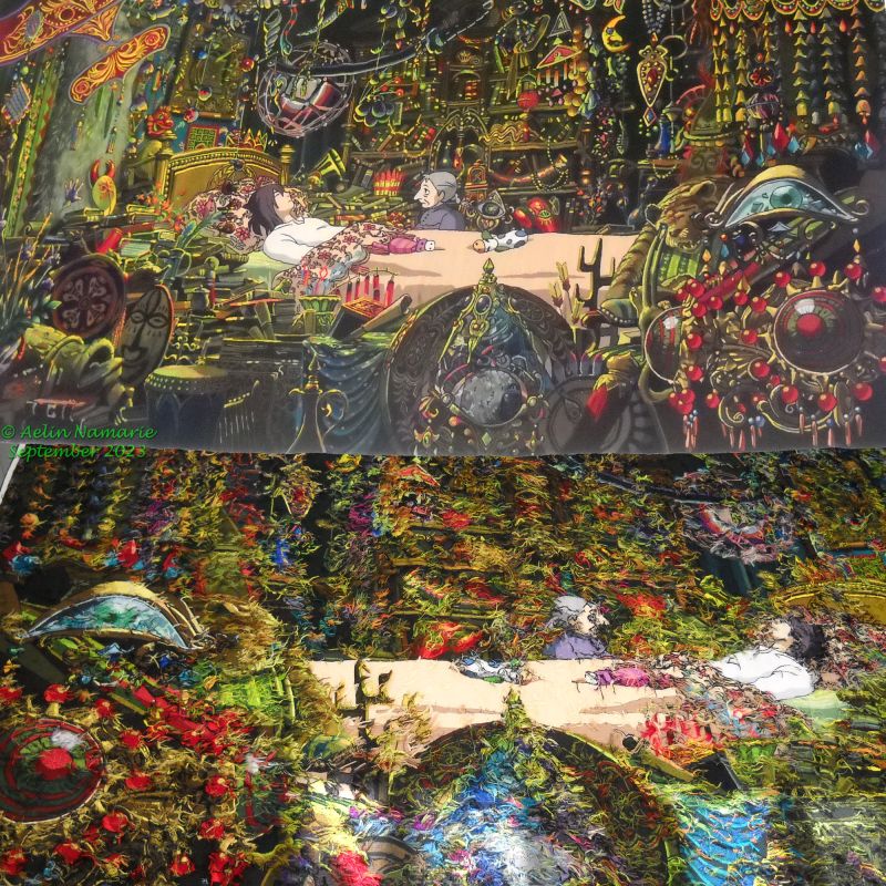 Miyazaki (1)
The most recent project is "L'imaginaire de Hayao Miyazaki en tapisserie d'Aubusson". This time only 5 tapestries will be done. Four are already made.
In 2021, I showed to you an image of the "carton de tapisserie" for the first
https://www.thefantasiesattic.net/attic/cpg/displayimage.php?pid=41236
It was "Ashikata relieves his demonic wound". This tapestry was back few days ago only at the museum. I hadn't yet the occasion to take it in photo.
In the hall, we have "Hauru's fear", the most recent tapestry, presented in June. People can see it when they arrive in the building.
In the half bottom, you can see the back of the tapestry. A true Aubusson (or Felletin) tapestry has its back that way, with the remaining threads.
