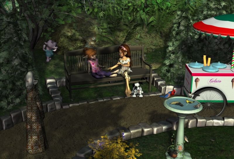 Morning in the park
With the season becoming warmer, Amity and Sadie like to meet each other in one of the parks in town.

********
Amity, by DragonFly (RMP)
Super cute II, by Atenais
Sadie Fae, by DragonFly (RMP)
SadieBug, by DivabugDesigns (RR)
Dawg, by Mostdigitalcreations
Gruggle Monk, by 3D Universe
Christmas textures for Gruggle Monk, by Aelin
Kramp, by Nursoda
Ice cream tricycle, by Papus3d
Songbird ReMix Bird Bath, by Ken _Gilliland (RMP)
3D Scenery: Hedge Garden by ShaaraMuse3D (RMP)

I added my own textures on Amity (skin, eyes, hair)
Sadie's pose is mine; Amity's partially
