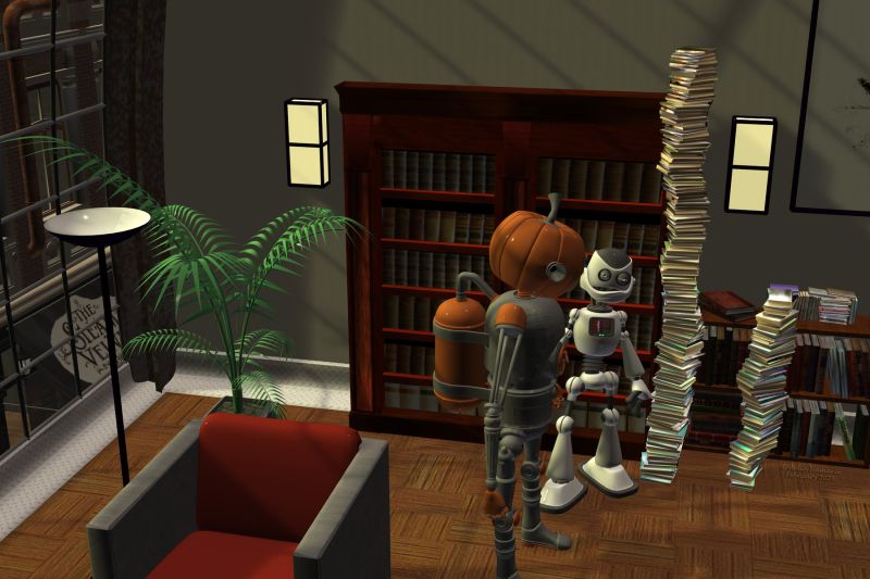 Newbies in town
"I'm coming in one minute, boys. Waiting, take a peek to the little selection of books I made for you!"

My entry for last week contest on Renderosity

********
Bot-O-Lantern, by Cybertenko (RMP)
Toon Bot Chomper, by Tate77 (Daz3d)
Full Bookshelf, by LuxXeon (RR)
Multi-figure bookstacks for Poser (release 2), by 3dcheapskate (RR)
Modern complete apartment, by RPublishing
The Streets of Steampunk, by Stonemason (Daz3d) [with my textures]

