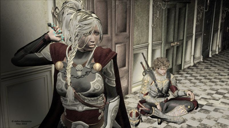 Next move
"What door the dices have choosen?"

I used Fosketcher.
I tried my way to integrate by a way "Chronicles of Morgaine" universe in a king of D&D. Doors not being the same here ;)

*************
armor for V4, on Xurge3d
armor for M4, on Xurge3d
corridor, on Daz3d
V4 morph is mainly from Mabel, on FRM
