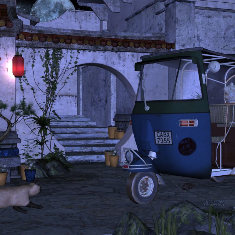 Night Street
I had the idea to use an asian environment and the auto-rikshaw for the January contest, but was too lazy to make it. Finally it's here.

The background for the night is one offered by Prae during Halloween 2017 ("Halloween Backgrounds")
Cat and rat are Lorez animals.
