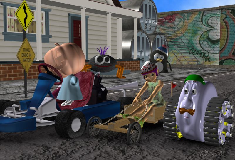 On the line
I think I never used Tanky, but only his brother Wheely.
Except Sadie (probably her hair) and the part of Side Street, I used nothing through the years.

And yes, somebody sent a toon spell on one of participants!

This image was made just to take the "challenge" from PFDlives forum this month to use stuff we never used before.

********
Jack, by elleque
GoCart, by Sams3d
Jumper for Sadie, by Toyyaris
Versi shoes, by PoserToons
Soapbox Cart, by 3Duniverse
Tanky, by 3djoji (Daz3d)
Road signs, by Evilinnocence
Road signs, by ligeia
Toon Spider, by Mrsparkly (AFZ, or the new AFZ)
XPenguin, by Mrsparkly (AFZ, or the new AFZ)
Side Street, by souless empathy (Daz3d) [road section]
House, by Schurby (RR)
Tubo Hotel, on Daz3d
Graffiti Wall, by Richabri (RR)
Sky background, by Carolann [for Halloween 2020]
