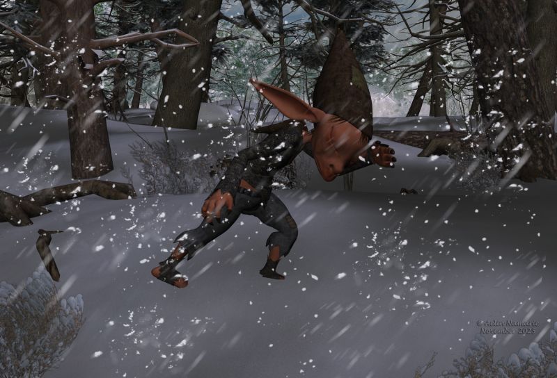 Puntik in troubles (1)
Puntik was quietly walking through the automnal hills in morning day light to go back to his home, when suddenly a mist surrounded him. When it disappeared, he was in the middle of a forest, almost by night in a Winter time and with the wind starting to blow while the snow came. He has choosen to move at random in one direction.

Previous scene (created only after): https://www.thefantasiesattic.net/attic/cpg/displayimage.php?pid=46501

********
Puntik Kaalkopje, by Nursoda (RMP)
Puntik warm Winter Set, by Leilana (RR)
Ron's Atmospheric Bundle, by deviney (Daz3d)
