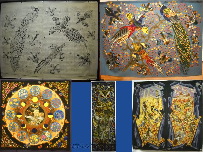 Tapestries (3)
Beside the all year exhibition, we have also a temporary one each Summer. This year, it's on René Perrot, an artist who made tapestries between 40's and 70's. He made a lot on Nature, specially on owls. Warning: I made my best to do good photos, but there are which are blur; it's due to the light around, like we can't (and it's understandable) use the flash of the cameras.
You can see at the top "Si votre ramage": the "carton" and the tapestry itself.
At the bottom left, "La Nature mesurant le temps". It's the masterpiece of the exhibition according most of visitors. I agree, even if I like another one, a wave made like the ones in Japanese drawnings (unfortunately, the photos are all blur for that wave).
In the middle of bottom, "Mon pauvre coeur est un hibou", the tapestry which gave its name to the exhibition. It's the beginning of a 'poetry' by Apollinaire.
At the bottom right, "Les oiseaux de France".
