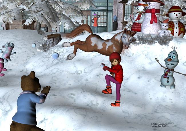 Runtime Town: snowballs
Park inside the oldest part of the town is a place to be when you want to meet a special inhabitant of the town, like Sadie discovered it. Yes, Snowy is in "summer sleep" until the first cold comes. Then, he waits impatiently the snow, to construct kind of family for him, to remember his own. And there, it's the moment than youngers prefer: they have to split in 2 sides, one "attacking" Snowy and his snowmen, the others "defending" them.
It's the first Winter of Sadie in town, and already she has a lot of fun!

Previous part of the story: http://www.thefantasiesattic.net/attic/cpg/displayimage.php?pid=38130

********
Toon Girl Sadie, by 3Duniverse (Daz3d)
Sadie and Sam Ski, by Trumarcar (Treasurechest site)
Snow Days pose for K4, by Redeyecat (on her site) [used on Sadie and 3bears baby]
Diamond Base Character, by Capsces Digital Ink & Lady LittleFox (Daz3d)
textures for Diamond, by Lyne (on her site)
Snowy, by Marco.dd (Sharecg)
The 3 Bears, by 3Duniverse (Daz3d)
BadPrawn, by Sparkyworld (Attic Free Zone)
Gruggle Monk, by 3Duniverse [Christmas textures, by me in Attic Free Zone] [Gruggle Monk pose, by me for Christmas 2018]
snowpile, by Ngartplay
snow stump, by DragonBreath (Sharecg)
Snow slope, by Mapps (for Christmas 2017 on Renderosity)
Snowman, [maybe was on RDNA]
Snowbaby, [maybe was on RDNA]
MD Snowman, by Porthos
Mr and Mrs Snowman, by Ravyn [was on CP]
Deco, by Akatora
Kramp, by Nursoda (RR)
Easy Environments Winter, by Flipmode (Daz3d) [the 2 trees]
Victorian Street Front, by RHS (Daz3d)
