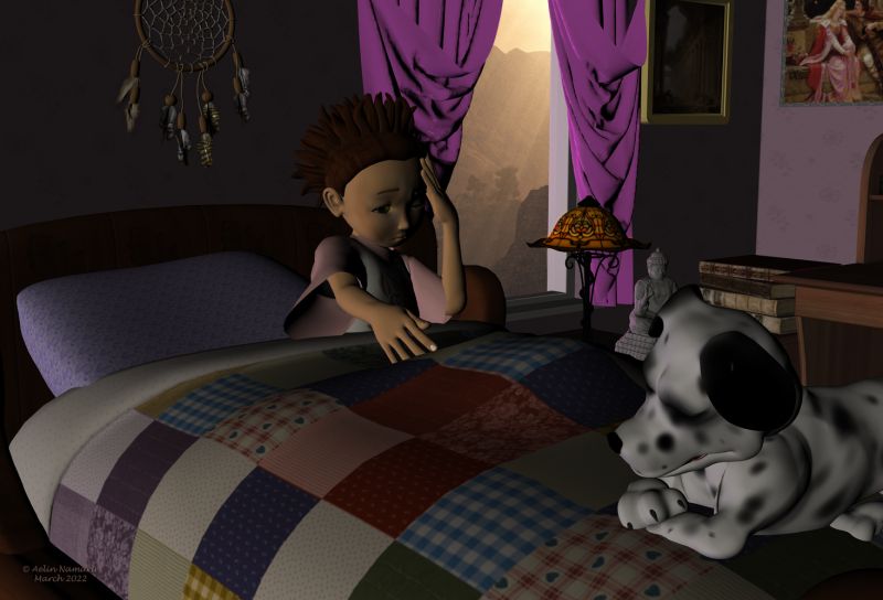 Charivari in town (1)
Sadie wakes up and feels herself weird, like if her sleep wasn't restorative.

Previous part of the story: https://www.thefantasiesattic.net/attic/cpg/displayimage.php?pid=41961

(I'll go slowly to make renders for that chapter, please be patient)

********
Toon Girl Sadie, by 3Duniverse (Daz3d)
Kiki Clothing Pack 2 - Sweet Dreams, by Lady LittleFox (Daz3d)
Dawg, on Mostdigitalcreations
Sweet Dreams, by Mada (on her site) [bed]
Little Corner: Antique Shop Addons, by Aelin (FRM exclusively)
Dreamcatcher, by Summoner (FRM)
