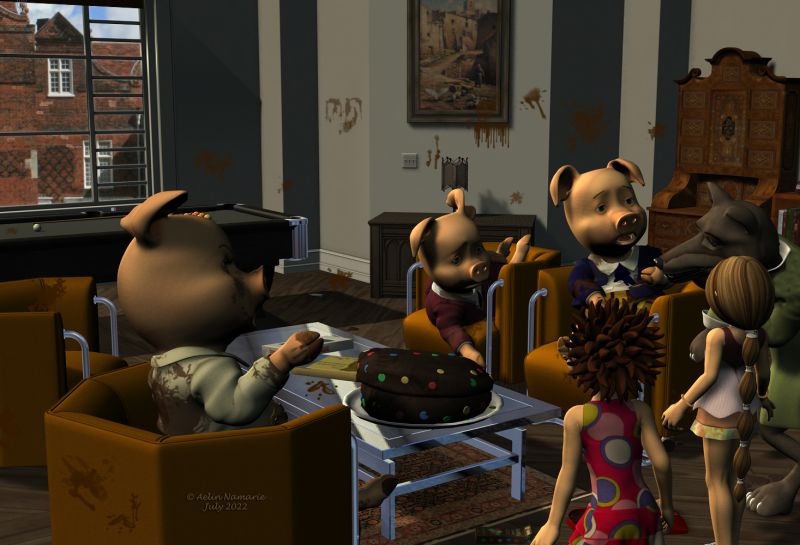 Charivari in town (16)
"Noooooo, we are here from almost a week, on your invitation", continued Porky.
"Too much chocolate is bad for the mental health", said Wolf to the girls.
"Hey, we don't insult you because for some reason you have forgotten", said Patrice. "We have still the paper like a kind souvenir."

Previous part of the story: https://www.thefantasiesattic.net/attic/cpg/displayimage.php?pid=43640

*********
The 3 Little Pigs, by 3Duniverse (Daz3d) [with Trumarcar's textures]
Rosemill Moor II, by Jack Tomalin (Daz3d)
Little Corner: Antique Shop, by Aelin (FRM exclusively)
Deco Downtime, by Jack Tomalin (Daz3d)
