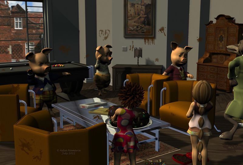 Charivari in town (17)
Brothers look in all the room, under the eyes of their friends.
"It's gone!" said Dédé in panic.
"If it existed, you probably ate it", answered Mae showing the tracks in the room.
"We have a good taste, we would have noticed a such thing", replied with dedain Porky.

Previous part of the story: https://www.thefantasiesattic.net/attic/cpg/displayimage.php?pid=43698

********
The 3 Little Pigs, by 3Duniverse (Daz3d) [with Trumarcar's textures]
Rosemill Moor II, by Jack Tomalin (Daz3d)
Little Corner: Antique Shop, by Aelin (FRM exclusively)
Deco Downtime, by Jack Tomalin (Daz3d)
