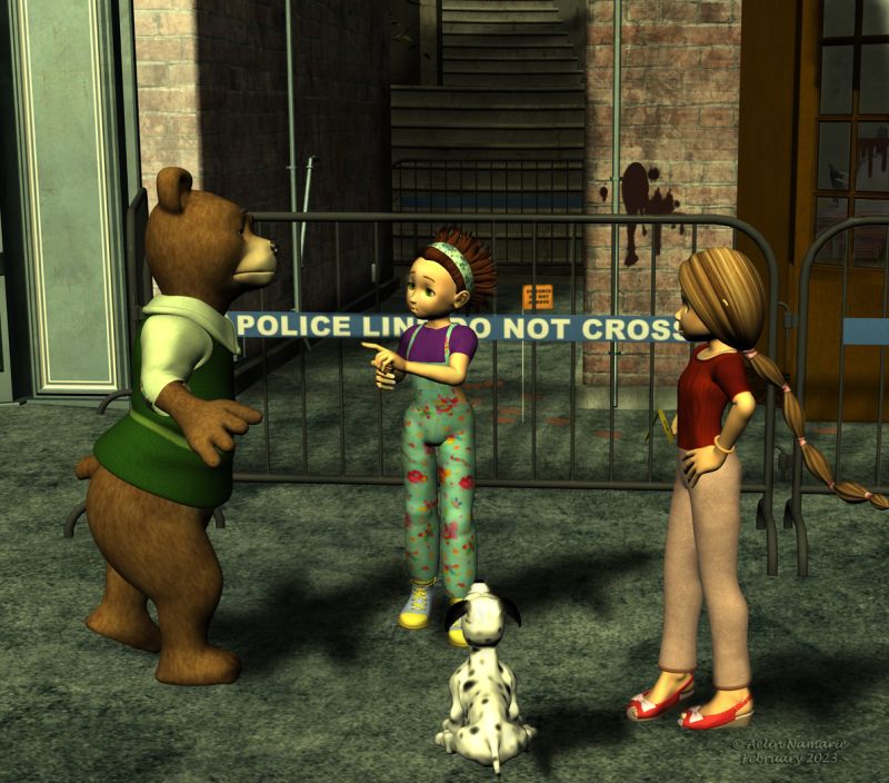 Charivari in town (23)
Teddy has accepted to participate too.
Their first step, the day after the Pigsten's arrest, is the crime scene, still untouched.

Previous part of the story: https://www.thefantasiesattic.net/attic/cpg/displayimage.php?pid=43915

********
Mae, by Capsces Digital Ink (Daz3d)
Toon Girl Sadie, by 3Duniverse (Daz3d)
Dawg, on Mostdigitalcreations
Messy baker, by Perpetual Revision (Sharecg)
Victorian Street Front (Daz3d)
