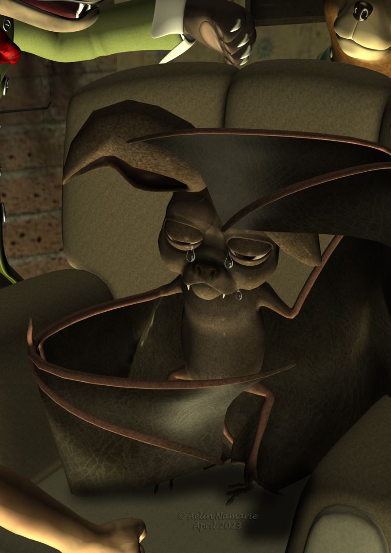 Charivari in town (34)
Bat Racian is a rival of Wolf in the detectives' world. Sadie had heard about him once when talking with Wolf during a previous investigation, but she learnt he was a bat only by looking documents at the town archives. Considering that somebody on feet should have left even a tiny track while making false choco foot prints, and because he is known like a troublemaker, she decided he was the number one person of interest on the list. Still, doing all the rest alone was pretty out of his reach.

Previous part of the story: https://www.thefantasiesattic.net/attic/cpg/displayimage.php?pid=44264

********
The Mod Squad -- A Toonimal Bundle, by Sarsa (Daz3d)
