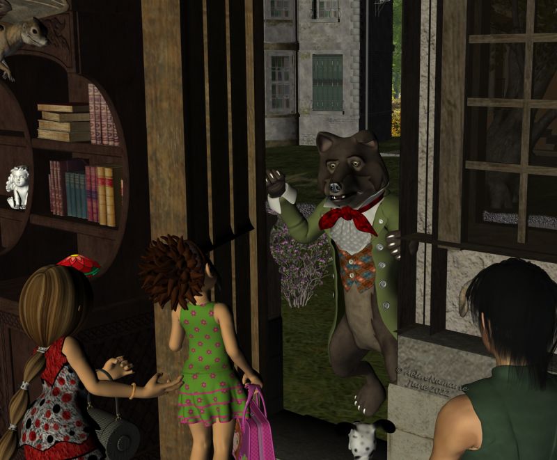 Charivari in town (5)
They are ready to go and find Wolf and they take the letter. But it appears Wolf is already at the door, asking for the help of his assistant.

Previous part of the story: https://www.thefantasiesattic.net/attic/cpg/displayimage.php?pid=42754

********
Skywing, by Steve100 (RR)
Mae, by Capsces Digital Ink (Daz3d)
Toon Girl Sadie, by 3Duniverse (Daz3d)
Big Bad Wolf, by 3Duniverse (Daz3d)
Dawg, on Mostdigitalcreations
Renithra, by Paloth (RR) [with my own textures for clothes]
Maison Capucine, by Anima Gemini (FRM exclusively)
Machine Ville Streetline Rue du Dr. Debile, by Anima Gemini
Angel, by TruForm (RR)
