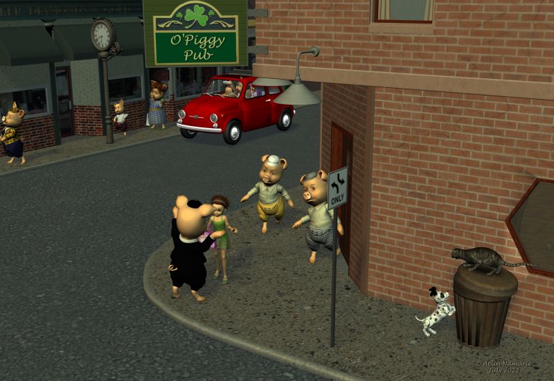Charivari in town (7)
Sadie decides to go back in the Pigs' district for all the rest of the day, but no one saw the brothers since a few days.

Previous part of the story: https://www.thefantasiesattic.net/attic/cpg/displayimage.php?pid=42866

********
Toon Girl Sadie, by 3Duniverse (Daz3d)
Loosey-Goosey Pak1, by elleque
Dawg, on Mostdigitalcreation
The 3 Little Pigs, by 3Duniverse (Daz3d) [with Trumarcar's textures]
Corner bar by Richabri rmp  [name was changed to be in the tone of the district]
