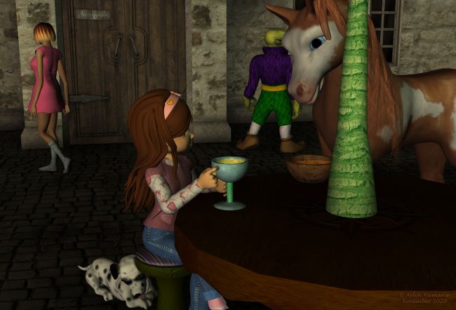 The ???? (1)
After she and Wolf found the 3 brothers, Sadie obtained from the Mayor an official document allowing the pigs to be in vacation. And which forbad to everyone to ask help to them.
Time to time during the months after, Sadie saw the trio, and they were very excited. Yet she wasn't able to make them talking about their secret project. Until today. She is now waiting them for a meeting.

(I decided in purpose to do not give yet the final title of the images for now)
Previous part of the story: http://www.thefantasiesattic.net/attic/cpg/displayimage.php?pid=40185

********
Toon Girl Sadie, by 3Duniverse (Daz3d)
Dawg, on Mostdigitalcreations
Diamond Base Character, by Capsces Digital Ink & Lady Littlefox (Daz3d)
textures for Diamond, by Lyne (on her site)
Sadie Talk Around, by Aelin (FRM exclusively)
Toon Holiday Table, by Aelin (FRM exclusively)
Dubious Pub, by Jack Tomalin (Daz3d)
