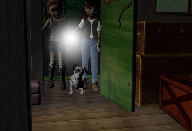 The Travel (11)
Sadie takes a flashlight and decides to investigate while the brothers bewails their chocolates. Mae follows her cousin through the stairs, as well as Idefix. It's not so hard to have a very fresh track. What they find is surprising.

Previous part of the story: http://www.thefantasiesattic.net/attic/cpg/displayimage.php?pid=41051

********
Torch, on mostdigitalcreations
Messy Baker, by Perpetual Revision (Sharecg)
World Cruise (Daz3d)
Toon Girl Sadie, by 3Duniverse (Daz3d)
Mae, by Capsces Digital Ink (Daz3d)
Dawg, on Mostdigitalcreations
Steam House, by petipet (Daz3d)
Steam House Textures, by Aelin (FRM exclusively)
