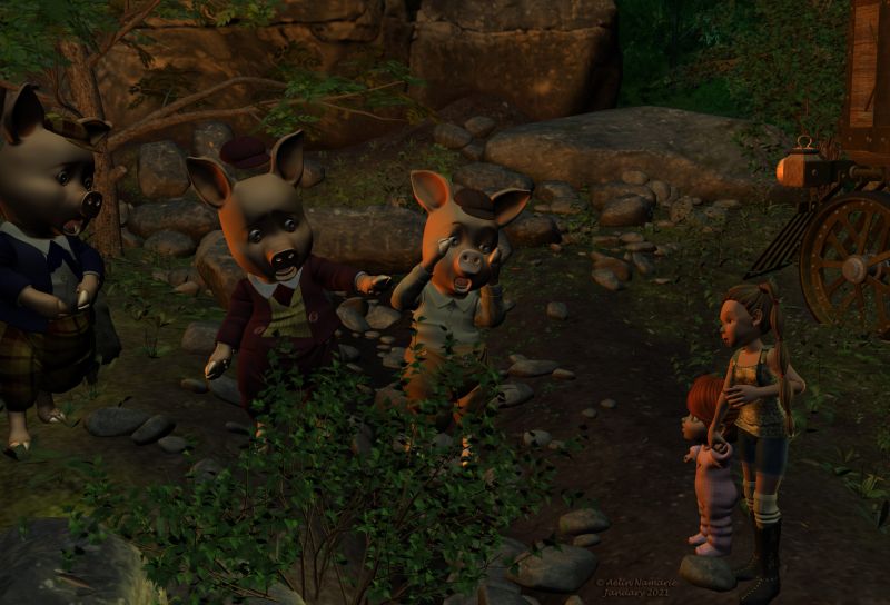 The Travel (13)
"Look your monster" said Mae, bringing the tiny one finally woke up.
"The Goldie Locks' little sister!" said pigs in chorus.

Previous part of the story: http://www.thefantasiesattic.net/attic/cpg/displayimage.php?pid=41262

********
The 3 Little Pigs, by 3Duniverse (Daz3d) [with Trumarcar's textures]
Mae, by Capsces Digital Ink (Daz3d)
Kit - Base Pack, by Capsces Digital Ink & Lady LittleFox (Daz3d)
Steam House Textures, by Aelin (FRM exclusively)
Rock in Forest, by Andrey Pestryakov (Daz3d)
