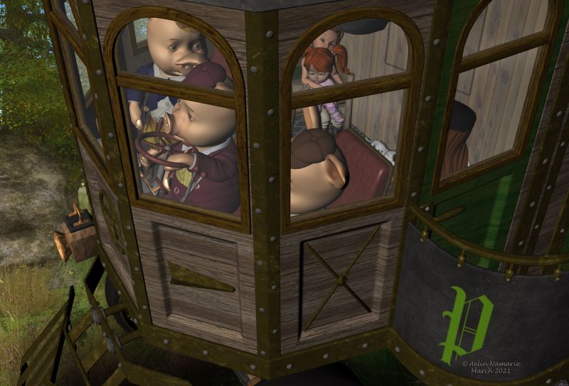 The Travel (16)
During long days, the team continues to explore the land, further and further away from Runtime Town. The mood stays mainly good, despite Reddie is doing caprices because there are no more chocolates. The 3 brothers protest often when they hear her, but Sadie reminds them they didn't check all parts of vehicle before their departure, and consequently they are responsible for Reddie's presence.

Previous part of the story: http://www.thefantasiesattic.net/attic/cpg/displayimage.php?pid=41403

********
The 3 Little Pigs, by 3Duniverse (Daz3d) [with Trumarcar's textures]
Toon Girl Sadie, by 3Duniverse (Daz3d)
Mae, by Capsces Digital Ink (Daz3d)
Kit - Base Pack, by Capsces Digital Ink & Lady LittleFox (Daz3d)
Steam House, by petipet (Daz3d)
Steam House Textures, by Aelin (FRM exclusively)
