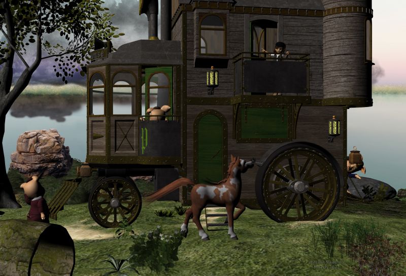 The Travel (17)
The land is very peaceful, with many animals. Obstacles are not a problem in most of cases thanks to the size of the vehicle.
Bushes are generous in berries, and wild legums are available all the long of their journey, to add to their provisions.
They are almost at 3 weeks in their travel, with brothers making sketches of maps, and tonight everything will change.

Previous part of the story: http://www.thefantasiesattic.net/attic/cpg/displayimage.php?pid=41453

********
Steam House Textures, by Aelin (FRM exclusively)
Fallen Tree, by Aelin (on FRM)
Mel's Secret Places, by JustMel (on her site)
Mystic Moods � Clouds & Water Brushes, by doarte (RMP)
