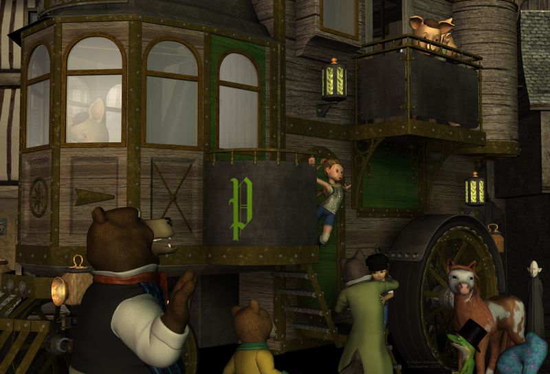 The Travel (6)
The brothers explained to Sadie and her friends they wanted to explore their new world. Since they arrived by the fog, no one inhabitant dared to quit the town. They decided to change that fact, and their journey would start the next day.
Guess who will travel with them!

Previous part of the story: http://www.thefantasiesattic.net/attic/cpg/displayimage.php?pid=40670
Yes, the title is finally revealed!

*******
Toon Girl Sadie, by 3Duniverse (Daz3d)
Mae, by Capsces Digital Ink (Daz3d)
Diamond Base Character, by Capsces Digital Ink & Lady Littlefox (Daz3d)
textures for Diamond, by Lyne (on her site)
Big Bad Wolf, by 3Duniverse (Daz3d)
The 3 Little Pigs, by 3Duniverse (Daz3d) [with Trumarcar's textures]
Toonimal Gecko (Daz3d)
TOFF Hat, by Prae (FRM)
The 3 Bears, by 3Duniverse (Daz3d)
Kramp, by Nursoda
Folpert, by Nursoda (RR) [with eblank textures on Sharecg]
Steam House, by petipet (Daz3d) [with my textures sooner available]
