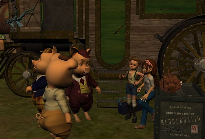 The Travel (29)
When Sadie and Mae are back at the end of the afternoon to their first trip, they find the pigs looking around with a weird face.
"What happens to you?" asked Sadie.
"We are still astonished to see beings from fairy tales. That can't be true", said Porky.
"Why? You are fairy tales for us too, like Wolf, the 3 Bears and Goldie", said Mae.

Previous part of the story: http://www.thefantasiesattic.net/attic/cpg/displayimage.php?pid=41802

*********
The 3 Little Pigs, by 3Duniverse (Daz3d) [with Trumarcar's textures]
Mae, by Capsces Digital Ink (Daz3d)
Toon Girl Sadie, by 3Duniverse (Daz3d)
Steam House Textures, by Aelin (FRM exclusively)
