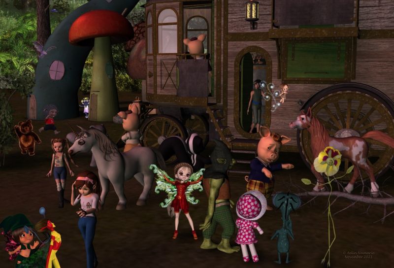 The Travel (30)
After 1 month to pull off hair they don't have, the brothers found a way to use their vehicle to go back, but they need the help of volunterring magical inhabitants.
Basically, vehicule is charged with dead wood, the only acceptable wood to the eyes of the forest inhabitants. Magic will do the rest.

Previous part of the story: http://www.thefantasiesattic.net/attic/cpg/displayimage.php?pid=41812

********
several pngs from KCTC
Gnobbit png, by Aelin
Zohak Drac, by Summoner [on one of our previous Christmas pages]
Mae, by Capsces Digital Ink (Daz3d)
Luna, by Sixus1 (Sharecg)
Ninja Sprite Male: Elements, by Aelin (FRM exclusively)
Toon Girl Sadie, by 3Duniverse (Daz3d)
Plushies: Nutters, by Lady LittleFox (Daz3d)
The 3 Little Pigs, by 3Duniverse (Daz3d) [with Trumarcar's textures]
Plushies: Chloe, by Lady Littlefox (Daz3d)
Predatron's Goblin, by Predatron (Daz3)
Renithra, by Paloth (RR) [with my own textures for clothes]
Diamond Base Character, by Capsces Digital Ink & Lady Littlefox (Daz3d)
textures for Diamond, by Lyne (on her site)
Flights of Fantasy Wings, by NapalmArsenal (FRM exclusively)
Steam House Textures, by Aelin (FRM exclusively)
Little Corner: Mushouses, by Aelin (FRM exclusively)
