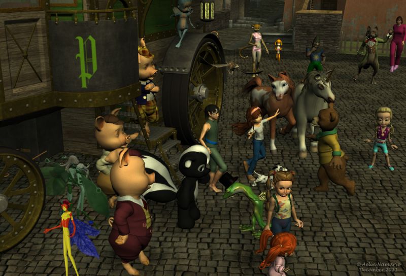 The Travel (end)
That makes more than 2 months after they left the forest community when finally they are back to Runtime Town. The news spread quickly, and the forest inhabitants start their Runtime Town life at that moment.

This time, had to make 2 separated renders to do the scene.

Previous part of the story: https://www.thefantasiesattic.net/attic/cpg/displayimage.php?pid=41939
(There will be other stories, but no idea when they come online for the moment, like I'm between several projects)

********
Ninja Sprite Male: Elements, by Aelin (FRM exclusively)
Ninja Sprite One for All, by Aelin (FRM exclusively)
Ninja Sprite: Seasons, by Aelin (FRM exclusively)
Ninja Sprite Male: Seasons, by Aelin (FRM exclusively)
The 3 Little Pigs, by 3Duniverse (Daz3d) [with Trumarcar's textures]
Faery Alien, by Marcodd (Sharecg)
Skywing, by Steve100 (RR)
Plushies: Chloe, by Lady Littlefox (Daz3d)
Renithra, by Paloth (RR) [with my own textures for clothes]
Toonimal Gecko, on Daz3d
TOFF hat, by Prae (FRM)
Toon Girl Sadie, by 3Duniverse (Daz3d)
Mae, by Capsces Digital Ink (Daz3d)
Kit - Base Pack, by Capsces Digital Ink & Lady LittleFox (Daz3d)
Diamond Base Character, by Capsces Digital Ink & Lady Littlefox (Daz3d)
textures for Diamond, by Lyne (on her site)
Luna, by Sixus1 (Sharecg)
Kiki Bella outfit Teknology3d
Melody and Micah Bundle, by RedSpark & Lady Littlefox (Daz3d)
AiPoo, by sannzi
Predatron's Goblin, by Predatron (Daz3d)
Big Bad Wolf, by 3Duniverse (Daz3d)
Lorenzo and Loretta Bundle, by Predatron (Daz3d)
Steam House Textures, by Aelin (FRM exclusively)
Le Passage, by Anima Gemini [Sponsor Showcase page]
